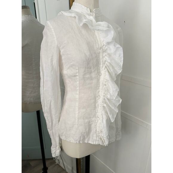 120 Lino Top Womens Ruffle Button Up Linen Shirt Blouse Long Sleeve - Picture 4 of 6
